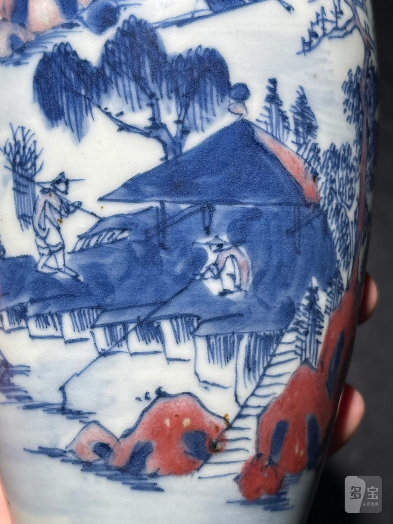 清晚期 青花釉里红山水纹柳叶瓶 - 图7